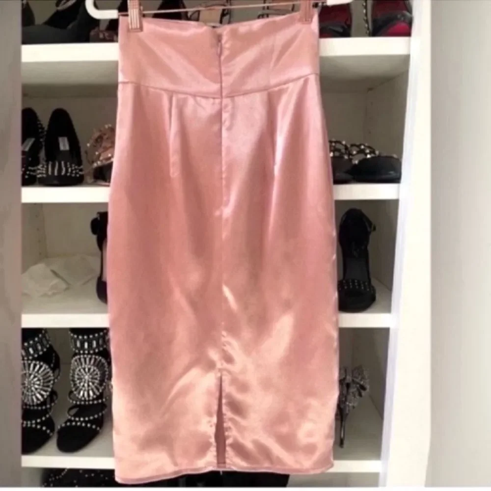 Zipper Back Button Detail Wide Waistband Split Hem Satin Skirt Size XS